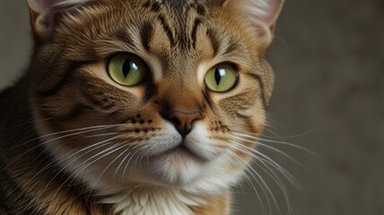 Close-up portrait of a tabby cat with bright green eyes.