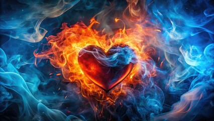 Fototapeta premium Heart on Fire with Blue Smoke captures the juxtaposition of passion and tranquility, revealing the beauty of urban exploration through vibrant contrasts in photography.