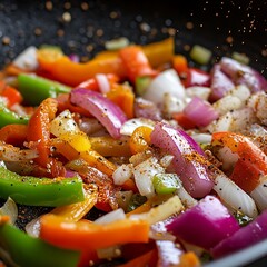 Close-up of colorful bell peppers and onions saut?ing in a pan with spices.