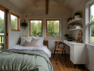 Tiny Home Small Bedroom with White Bed, White Textures, Pastel Colors, and Green Nature View