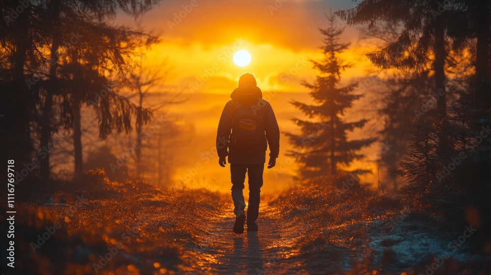 Leinwandbilder a person walks along a winding path through a forest, illuminated by the warm colors of sunset. tall