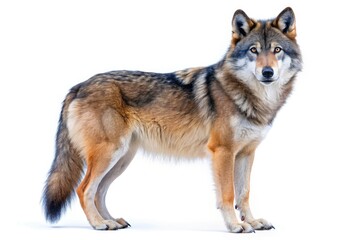 Obraz premium High-quality clipart featuring a realistic Eurasian wolf on a white background; ideal for nature and wildlife studies, this panoramic photography captures stunning details.