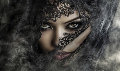 A mysterious woman with intricate lace patterns on her face, gazing intensely through a veil of dark hair and misty surroundings.