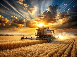 Fototapeta premium In a golden wheat field, a surreal combine dances, blending agriculture with nature's beauty, capturing the essence of harvest in a dreamlike embrace.