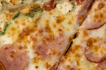 hot pizza with soft dough and cheese with ham and spices