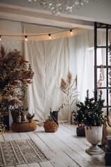 Christmas decor for a bright living room with a fireplace