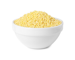 Millet groats in bowl isolated on white