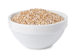 Dry wheat groats in bowl isolated on white