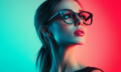 Obraz premium A woman wearing glasses appears on a vibrant background, perfect for illustrating educational, technological, or creative topics