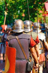 Naklejka premium Reenactors as roman legionaries in formation at a historical event party about ancient Rome