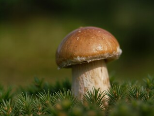 A single boletus mushroom with a brown cap and white stem is surrounded by green moss. The blurred background emphasizes the mushroom's texture.