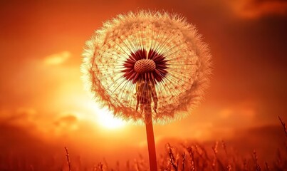 Fototapeta premium An iconic dandelion at sunset. A fluffy dandelion silhouetted against a sunset sky.