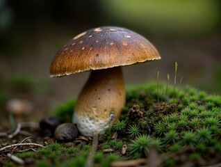 Fototapeta premium A brown speckled mushroom grows amidst green moss and small plants on a forest floor, surrounded by twigs and stones under soft, diffused lighting.