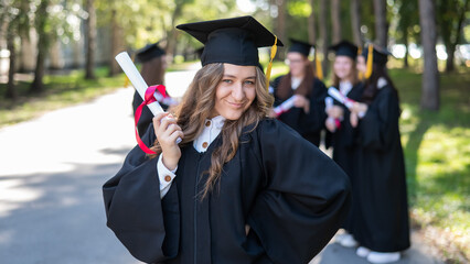 Group of happy students in graduation gowns outdoors. A young girl with a diploma in her hands in the foreground.