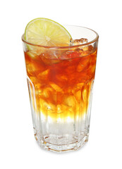 Refreshing espresso tonic drink with slice of lime isolated on white