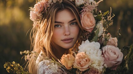 Fototapeta premium A serene portrait of a woman adorned with a floral crown, surrounded by a bouquet of roses, capturing a natural, ethereal beauty.
