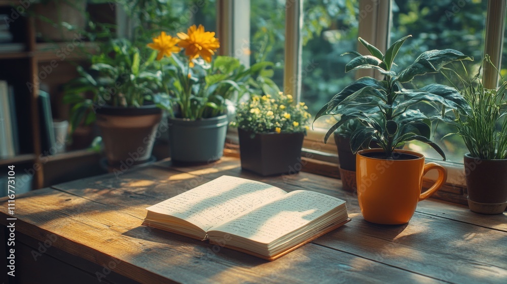 Poster Sunlight streams through a window onto a wooden table featuring an open book and various potted plants, creating a serene reading environment filled with life.