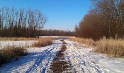 Obraz premium Clear day, frosty snow, wildlife trail. Background.