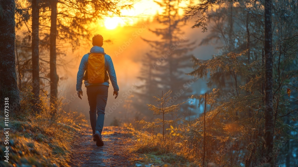 Poster a person with a backpack strolls through a serene forest path, illuminated by the warm glow of the s