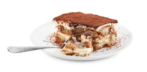 Piece of tasty tiramisu isolated on white