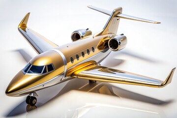 Fototapeta premium Lustrous gold and silver private jet model showcased against a white backdrop, capturing luxurious aviation concepts with stunning macro photography, ideal for upscale travel themes.