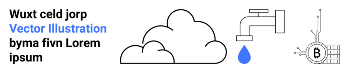 Cluster of clouds, water tap with blue droplet, and Bitcoin symbol. Ideal for tech, environment, finance, sustainability, web design, infographics, and educational materials. Landing page