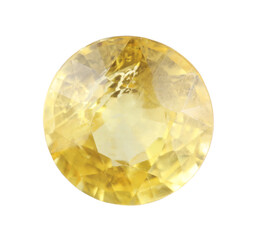 One shiny yellow gemstone isolated on white, top view