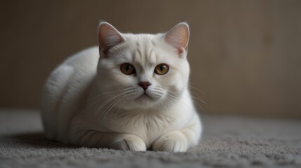 Adorable white cat lying down, looking at camera.