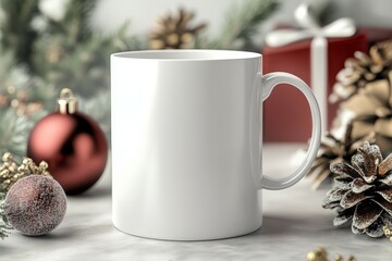 Blank white mug surrounded by festive Christmas decorations, including red ornaments, frosted pinecones, and a wrapped gift box. Cozy holiday mug mockup.