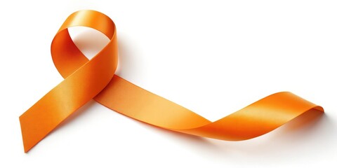 Orange awareness ribbon, isolated on white, represents hope and strength in cancer awareness campaigns, supporting community initiatives and fundraising efforts for those affected by cancer.