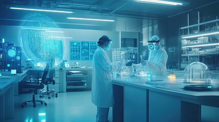 Obraz premium Futuristic lab; scientists in protective gear work with data.