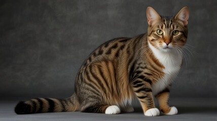 Obraz premium A tabby cat with brown and white fur sits on a gray background.