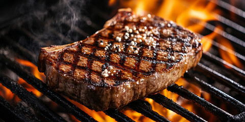 Porterhouse on barbecue grill with fire, sparks and smoke