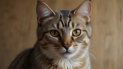 Obraz premium Close-up portrait of a tabby cat with bright yellow eyes.