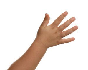Little child on white background, closeup of hand