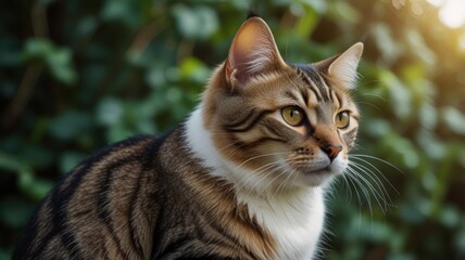 Fototapeta premium A tabby cat with amber eyes sits outdoors, looking to the right.