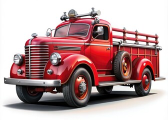 Red retro fire engine clipart against a white backdrop, ideal for fashion photography, capturing classic emergency vehicles, firefighting heritage, and nostalgic artistic expressions.