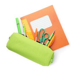 Copybook and other school stationery on white background, top view