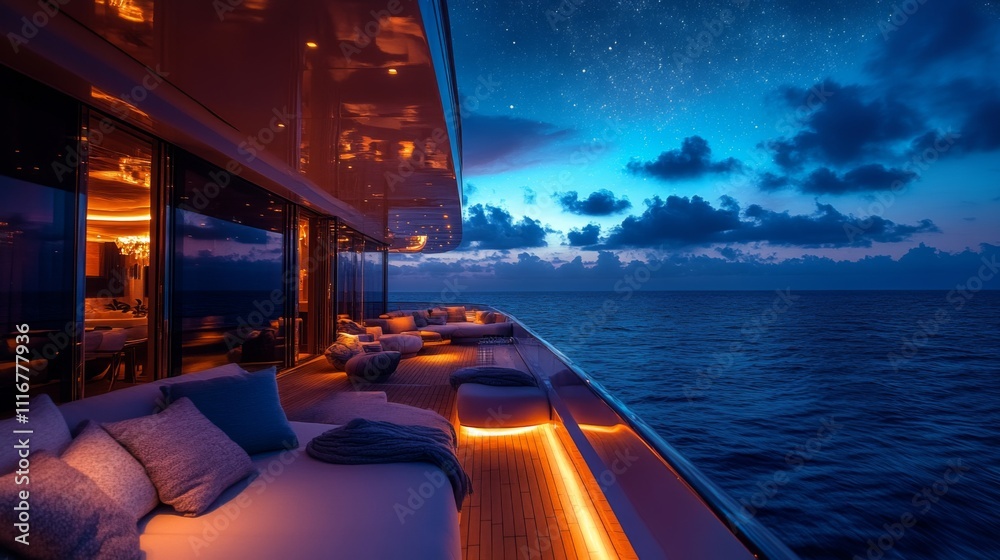Aufkleber the deck of an elegant yacht features plush seating adorned with cushions, illuminated by soft ambie