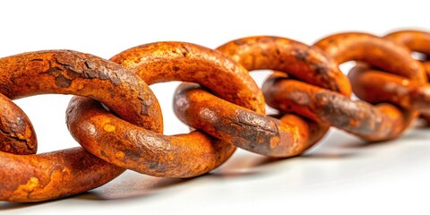 Fototapeta premium Rusty orange chain links emerge in close-up, evoking themes of age and decay, harmoniously intertwined with the landscapeâ€™s natural beauty and stunning textures.