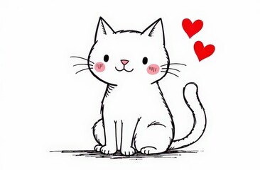 Draw banner funny cat with little red hearts for Valentine