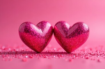 Obraz premium Two Hearts On Pink Glitter In Shiny Background - Valentine's Day Concept