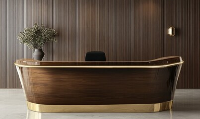 A sleek, modern reception desk in a high-end lobby. The desk have smooth, curved edges and be made of rich, polished wood with elegant gold