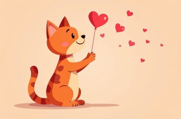 Draw banner funny cat with little red hearts for Valentine