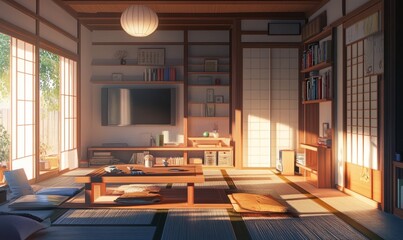 Fototapeta premium Minimalist interior design of a modern Japanese living room.