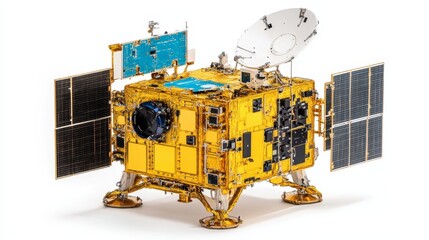 Obraz premium Modern satellite with advanced technology and sleek design, isolated on white background, representing aerospace innovation, communication systems, and scientific research.