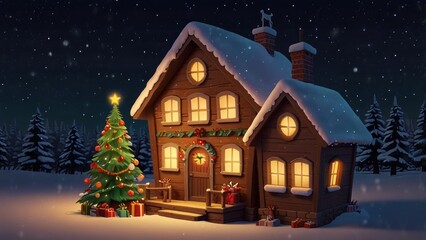 Naklejka premium Cozy Christmas cabin at night, snow-covered, decorated with lights and a tree.