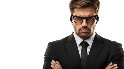 Professional trader wearing earphones, isolated on white background, representing stock market trading, financial analysis, and modern investment strategies.