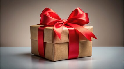 Obraz premium Sophisticated beige gift box adorned with a red ribbon bow, ideal for holidays, birthdays, and special events. High-quality product photography on a transparent background.