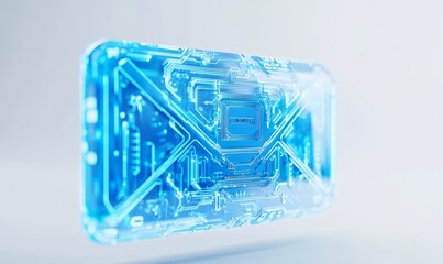 Fototapeta premium On a white background, this shows a digital communication icon in blue tones with circuit lines. Concept of electronic mail is illustrated.